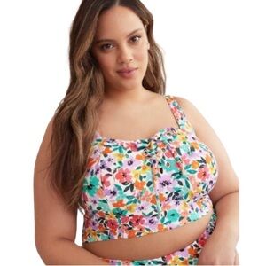 Pennington Lace-Up Longline Square Orchid Bouquet Print Bikini Top 1X NWT